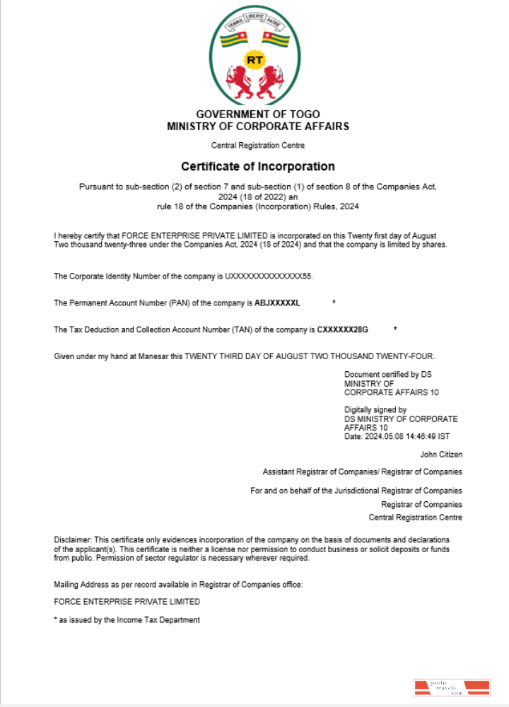 Togo business registration certificate Word and PDF template